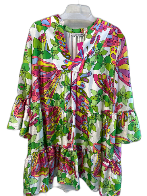 Trina Turk Size XXL Green, Pink & Multi Silk All Over Print lined Tiered Dress Green, Pink & Multi / XXL