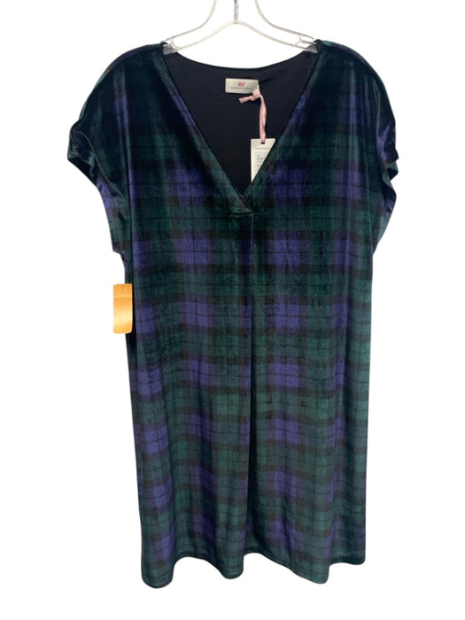 Vineyard vines Size L Blue, Green & Black Polyester Velvet Short Sleeve Dress Blue, Green & Black / L
