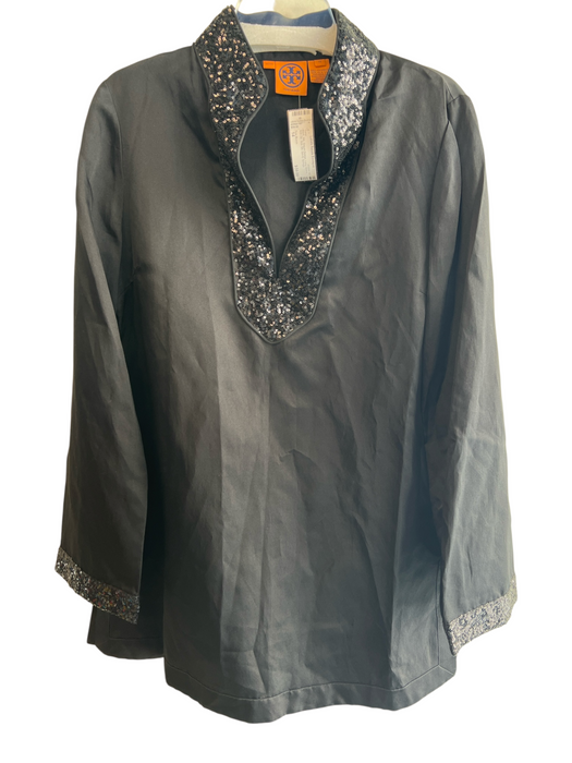 Tory Burch Size 14 Black Silk Sequin Design Long Sleeve Side Zip Side Slit Tunic Black / 14