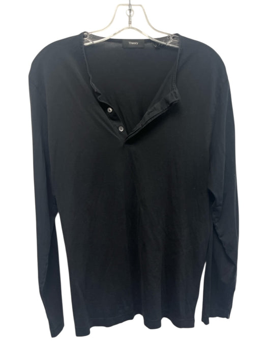 Theory Size L Black Cotton Blend Solid T shirt Henley Men's Long Sleeve Shirt Black / L