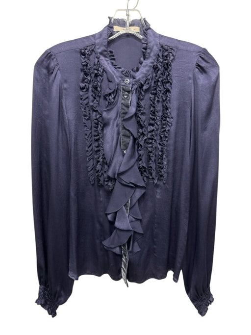 Etro Size 44 Navy Blue Silk Long Sleeve Velvet Detail Ruffles Blouse Top Navy Blue / 44