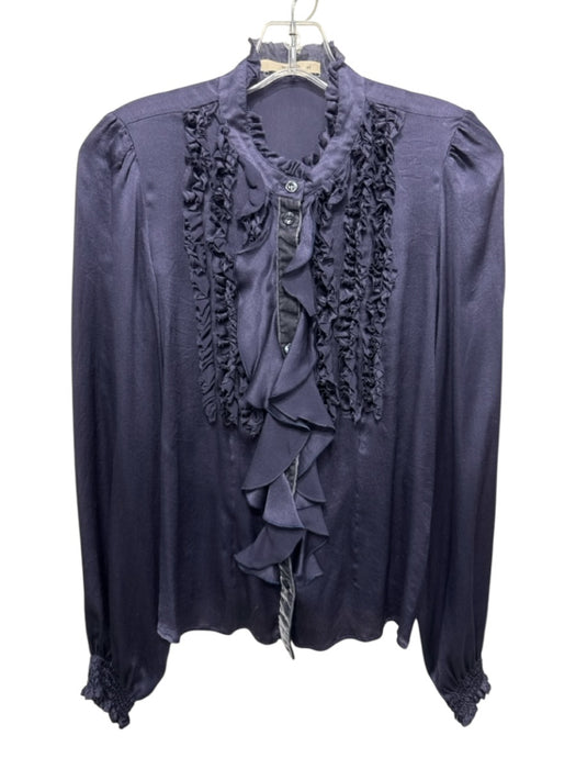 Etro Size 44 Navy Blue Silk Long Sleeve Velvet Detail Ruffles Blouse Top Navy Blue / 44