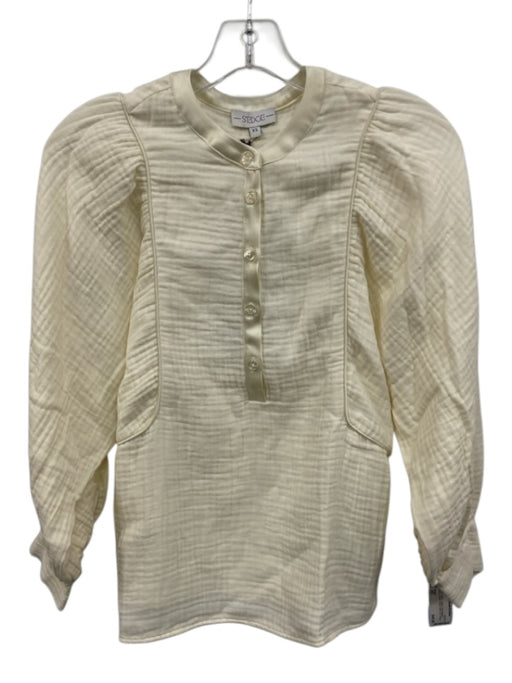 S'edge Size M Creme Cotton Long Balloon Sleeve Button Detail Satin Trim Top Creme / M