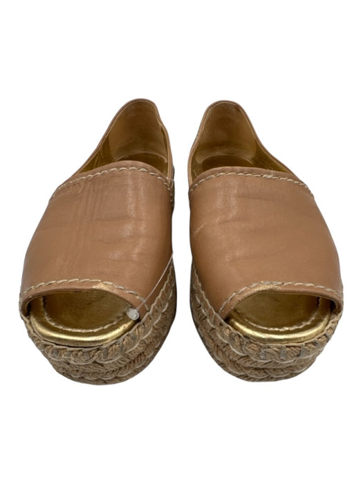 Prada Shoe Size 7 Tan Leather Stitch Detail Platform Open Toe Espadrille Sandals Tan / 7