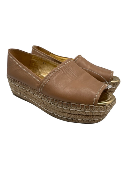 Prada Shoe Size 7 Tan Leather Stitch Detail Platform Open Toe Espadrille Sandals Tan / 7