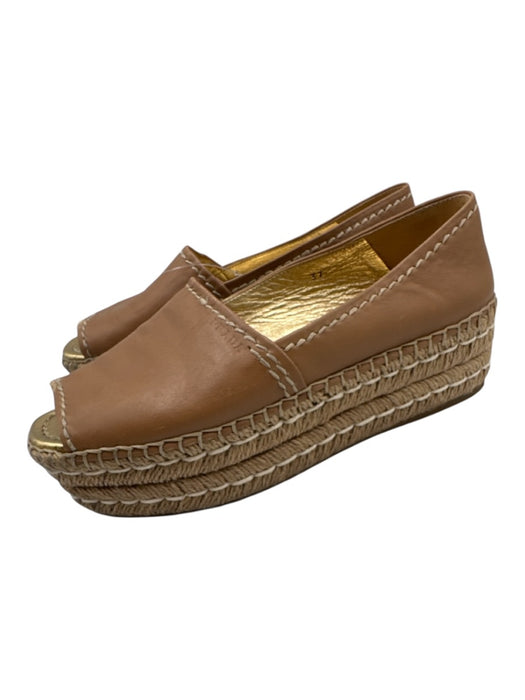 Prada Shoe Size 7 Tan Leather Stitch Detail Platform Open Toe Espadrille Sandals Tan / 7