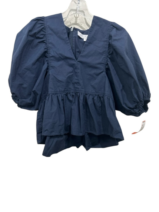Hunter Bell Size S Navy Cotton V Neck Peplum Puff Short Sleeve Back Zip Top Navy / S