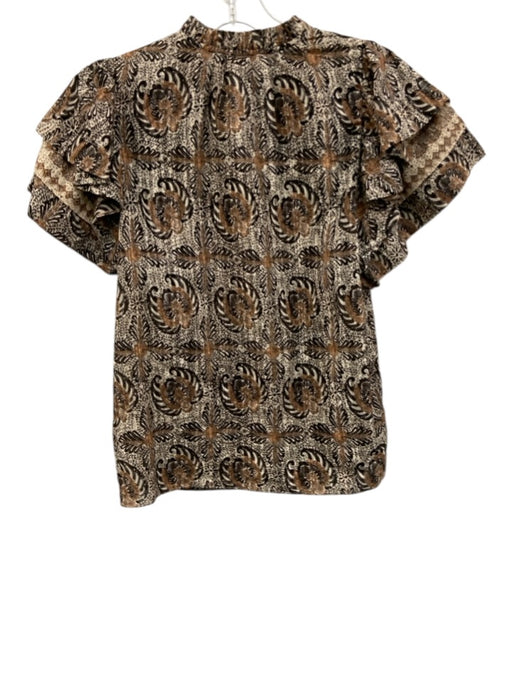 Ulla Johnson Size 2 White & Brown Cotton Floral Paisley Ruffle Short Sleeve Top White & Brown / 2