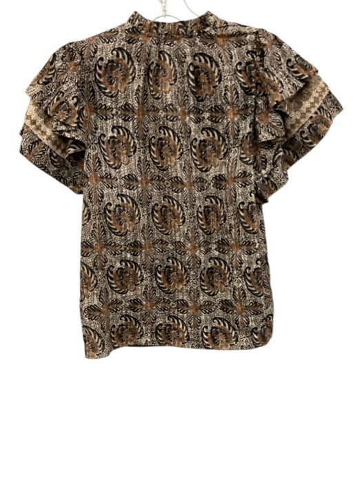 Ulla Johnson Size 2 White & Brown Cotton Floral Paisley Ruffle Short Sleeve Top White & Brown / 2