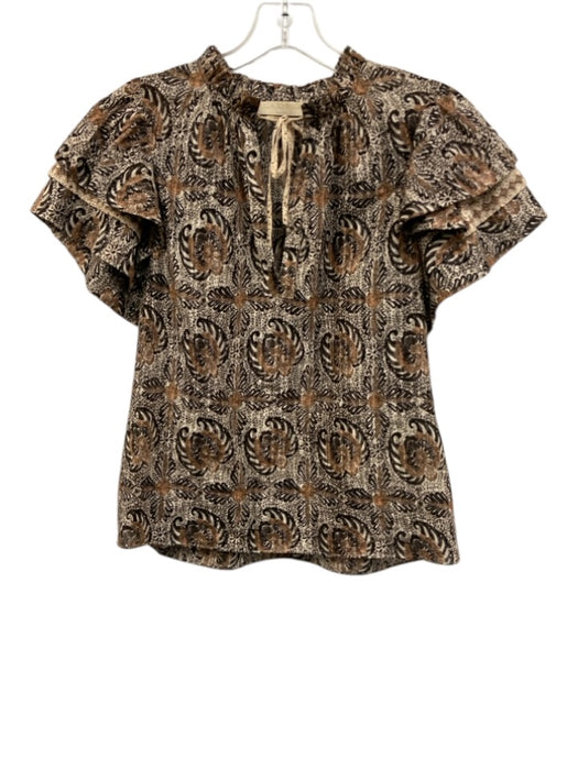 Ulla Johnson Size 2 White & Brown Cotton Floral Paisley Ruffle Short Sleeve Top White & Brown / 2