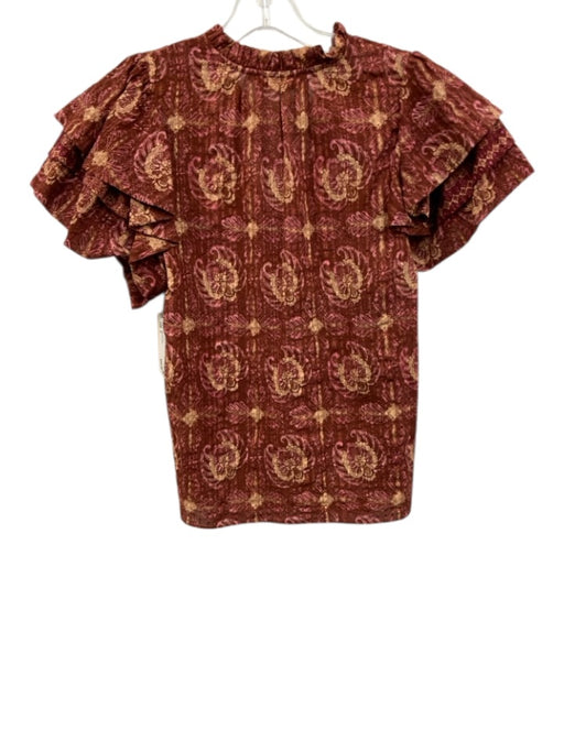 Ulla Johnson Size 2 Red & Beige Cotton Floral Paisley Ruffle Short Sleeve Top Red & Beige / 2