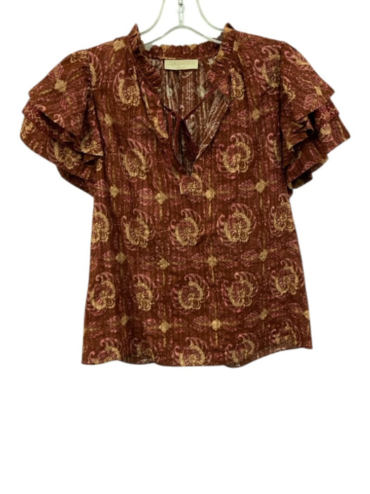 Ulla Johnson Size 2 Red & Beige Cotton Floral Paisley Ruffle Short Sleeve Top Red & Beige / 2