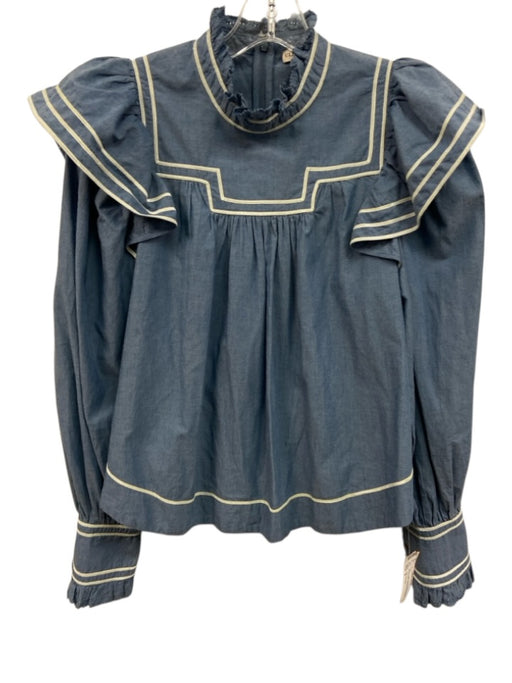 Ulla Johnson Size 2 Blue Cotton Chambray Contrast Piping Long Balloon Sleeve Top Blue / 2