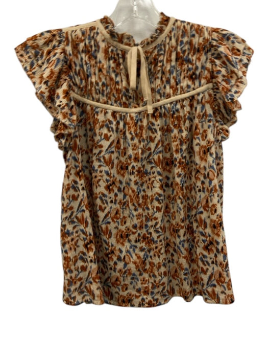 Ulla Johnson Size 2 Beige, Blue & Orange Cotton Abstract Floral Tie Back Top Beige, Blue & Orange / 2