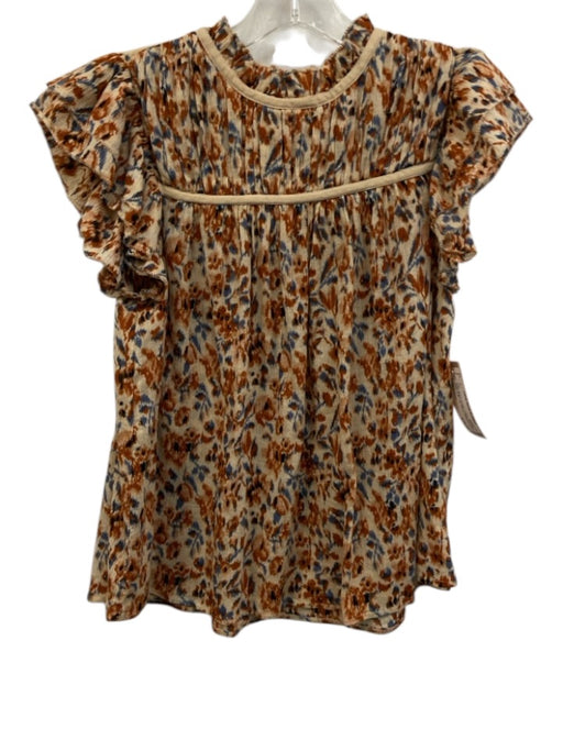 Ulla Johnson Size 2 Beige, Blue & Orange Cotton Abstract Floral Tie Back Top Beige, Blue & Orange / 2