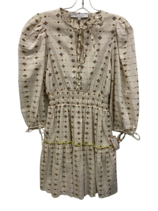 Hunter Bell Size XS Cream White, Blue & Brown Cotton Blend Tie V Neck Dress Cream White, Blue & Brown / XS