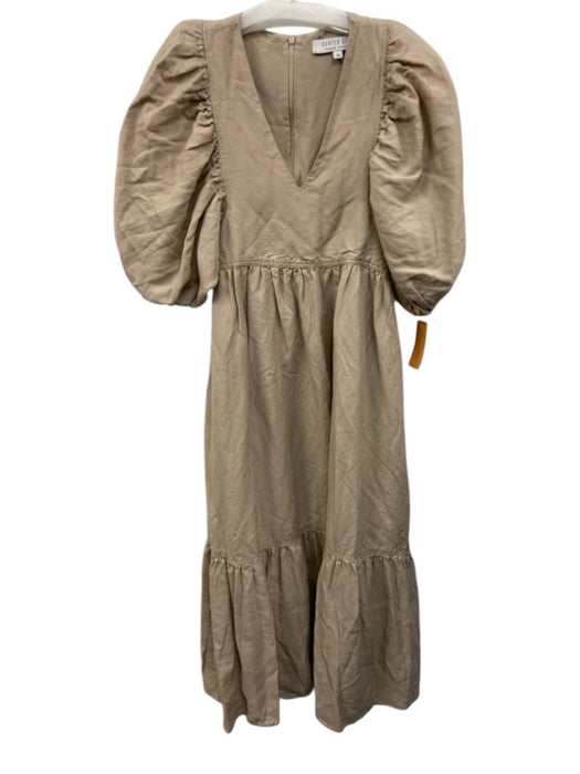 Hunter Bell Size XS Beige Linen Blend 1/2 Puff Sleeve V Neck Gathered Dress Beige / XS