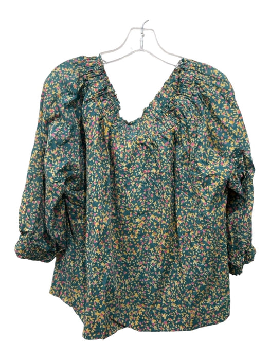 Mirth Size S Teal Green Cotton Elastic neck Abstract Floral Long Sleeve Top Teal Green / S