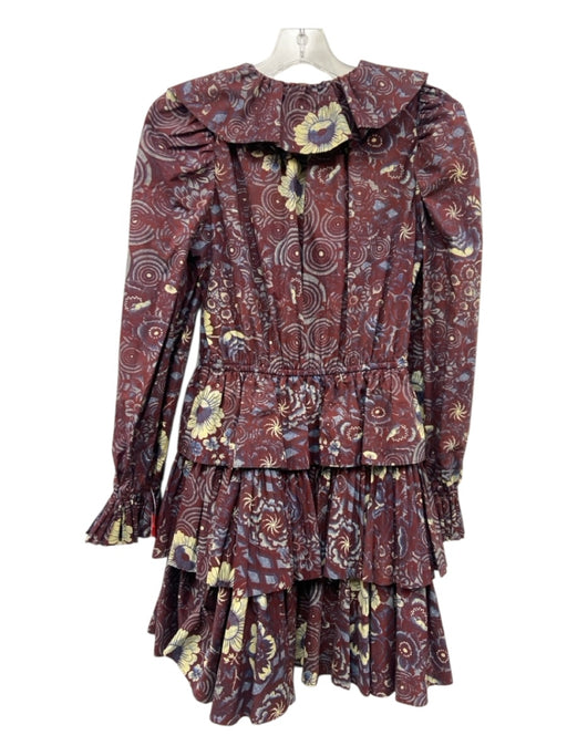 Ulla Johnson Size 2 maroon red, blue, yellow Cotton Ruffle V Neck Tiered Dress maroon red, blue, yellow / 2