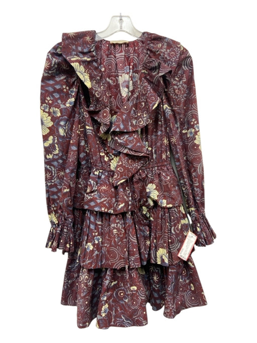 Ulla Johnson Size 2 maroon red, blue, yellow Cotton Ruffle V Neck Tiered Dress maroon red, blue, yellow / 2