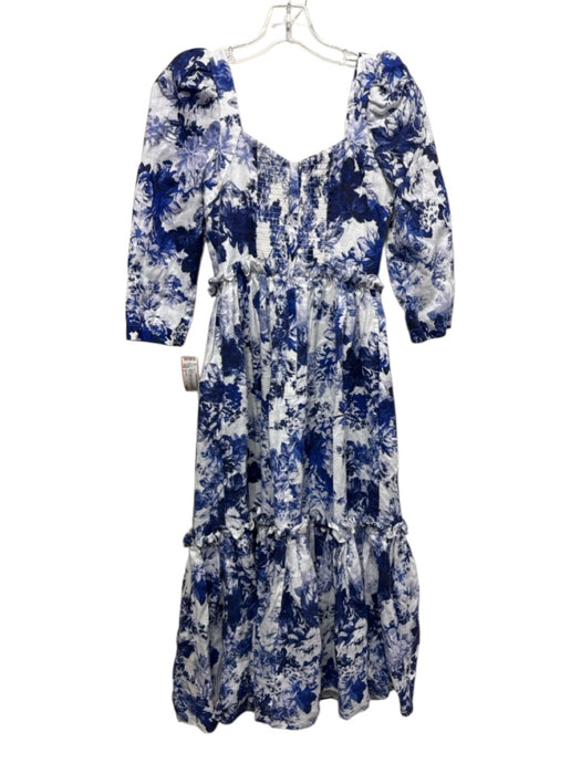 Cara Cara Size 2 Blue & White Linen 3/4 Sleeve Floral Print Square Neck Dress Blue & White / 2