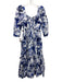 Cara Cara Size 2 Blue & White Linen 3/4 Sleeve Floral Print Square Neck Dress Blue & White / 2