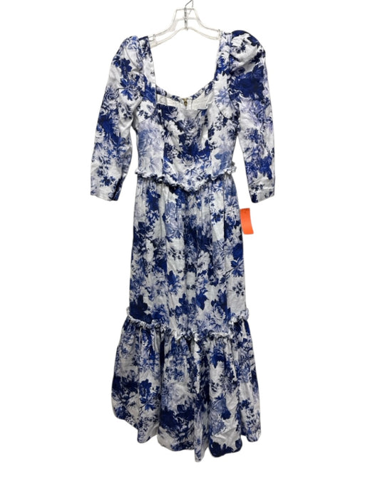 Cara Cara Size 2 Blue & White Linen 3/4 Sleeve Floral Print Square Neck Dress Blue & White / 2