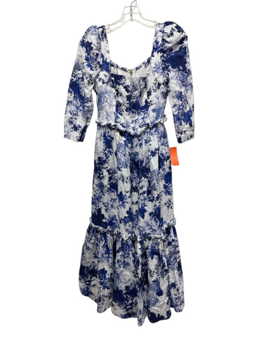 Cara Cara Size 2 Blue & White Linen 3/4 Sleeve Floral Print Square Neck Dress Blue & White / 2
