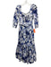 Cara Cara Size 2 Blue & White Linen 3/4 Sleeve Floral Print Square Neck Dress Blue & White / 2