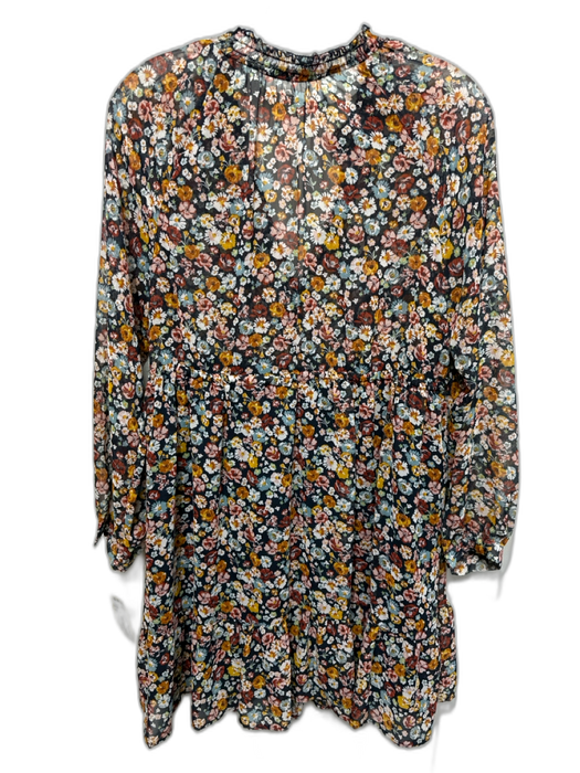 Zara Size S Black & Multi Polyester Floral Long Sheer Sleeve V Neck Dress Black & Multi / S