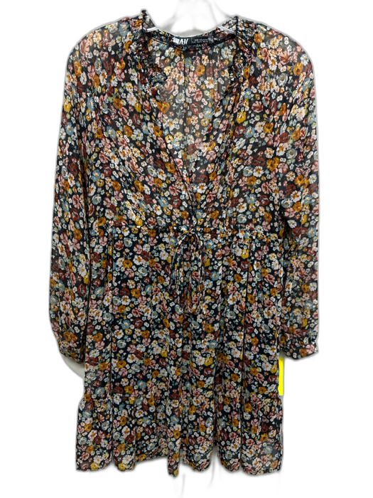Zara Size S Black & Multi Polyester Floral Long Sheer Sleeve V Neck Dress Black & Multi / S