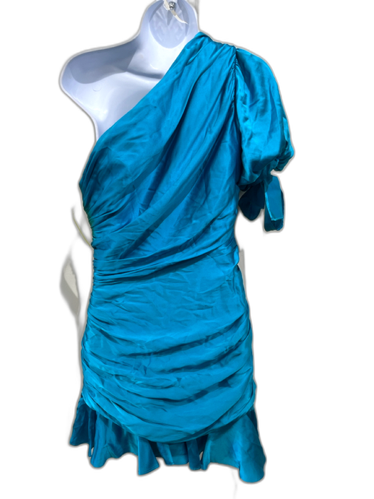 Amanda Uprichard Size M Blue Silk One Shoulder Short Puff Sleeve Side Zip Dress Blue / M