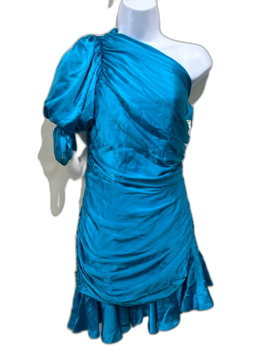 Amanda Uprichard Size M Blue Silk One Shoulder Short Puff Sleeve Side Zip Dress Blue / M