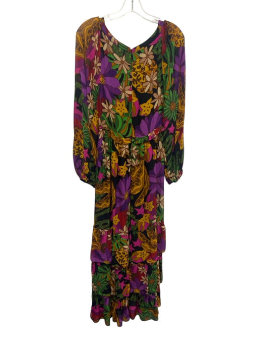 Farm Rio Size S Black, Green & purple Viscose Botanical Print V Neck Dress Black, Green & purple / S