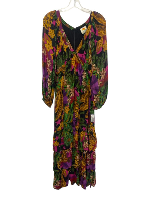 Farm Rio Size S Black, Green & purple Viscose Botanical Print V Neck Dress Black, Green & purple / S