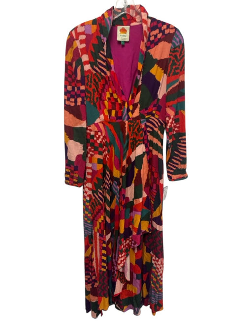 Farm Rio Size S Pink & Multi Rayon Abstract Print Long Sleeve V Neck Dress Pink & Multi / S