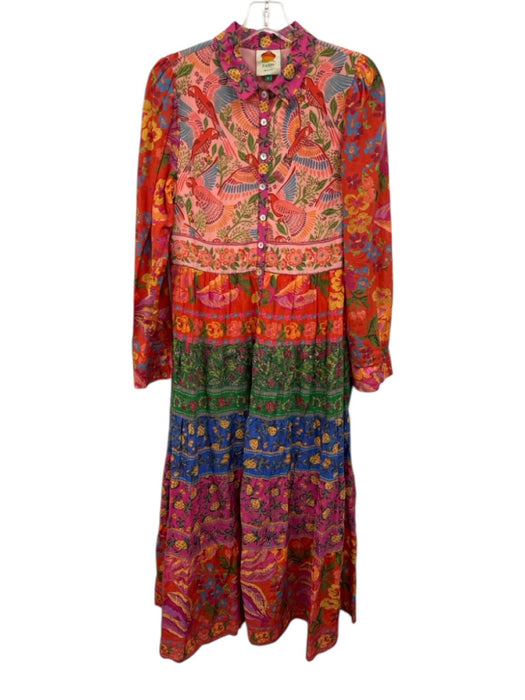 Farm Rio Size S Red & Multi Cotton Blend Flora & Fauna Stripe Button Front Dress Red & Multi / S