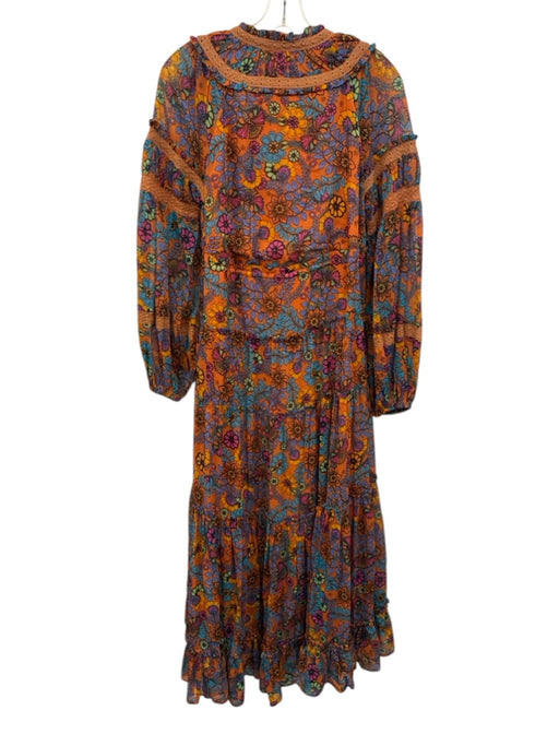 Free People Size S Orange & Multi Polyester Floral Long Balloon Sleeve Dress Orange & Multi / S