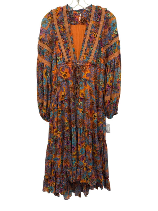 Free People Size S Orange & Multi Polyester Floral Long Balloon Sleeve Dress Orange & Multi / S