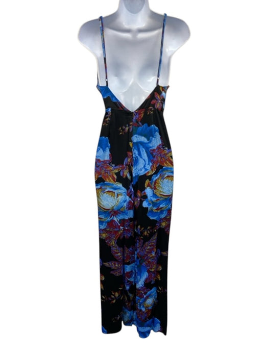 Free People Size Est S Black, Blue & Multi Viscose Blend Floral Satin Jumpsuit Black, Blue & Multi / Est S