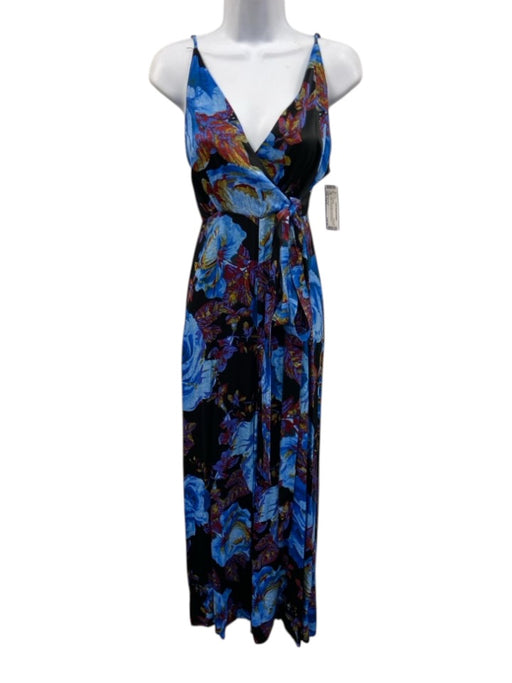 Free People Size Est S Black, Blue & Multi Viscose Blend Floral Satin Jumpsuit Black, Blue & Multi / Est S