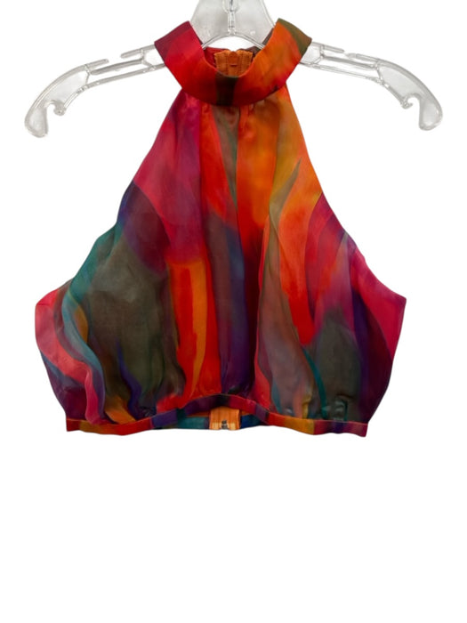 Yaura Size Est 6 Red & Multi Polyester Rainbow High Neck Tiered Ruffle Skirt Set Red & Multi / Est 6