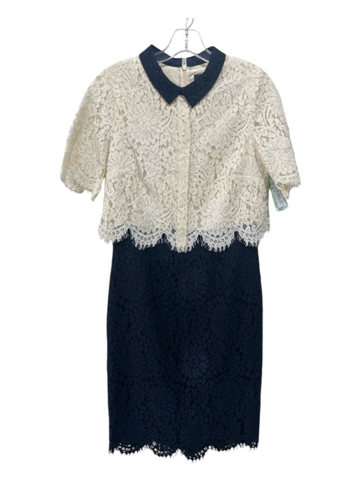 Phase Eight Size 38 Cream & Navy Cotton Blend Lace Overlay Floral Collared Dress Cream & Navy / 38