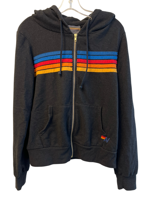 Aviator Nation Size S Black Cotton Zip Front Hoodie Stripe Long Sleeve Jacket Black / S