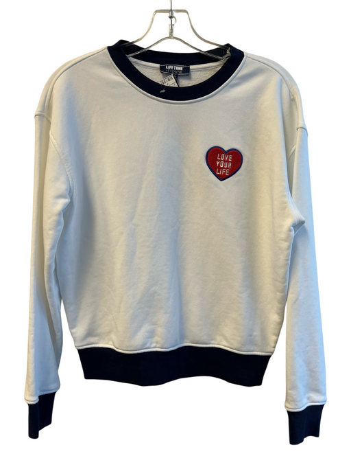 Evereve Size XS White & Navy Cotton Blend Crew Neck Long Sleeve Logo Patch Top White & Navy / XS