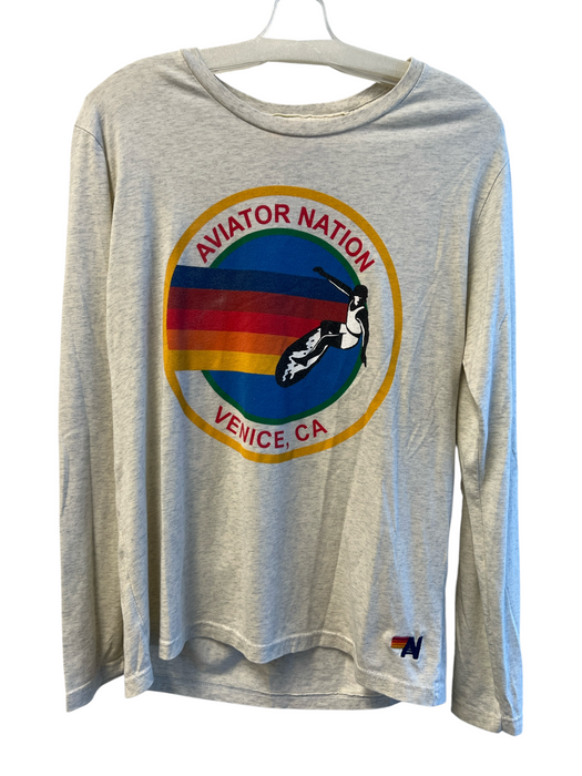 Aviator Nation Size M Beige Cotton Crew Neck Long Sleeve Logo Graphic Print Top Beige / M