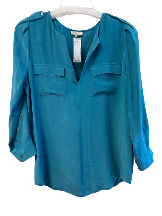 Joie Size M Teal Silk V Neck Long Sleeve Solid Color Top Teal / M