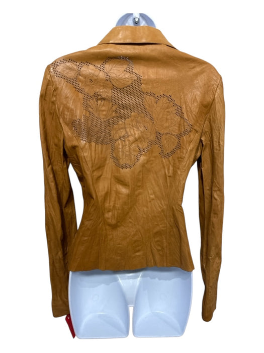Robert Cavalli Size M Tan Brown Leather Laser Cut Flower pintuck waist Jacket Tan Brown / M