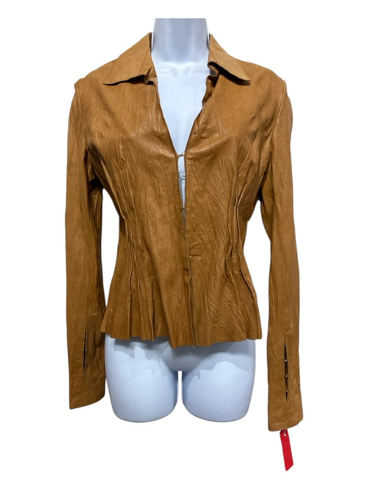 Robert Cavalli Size M Tan Brown Leather Laser Cut Flower pintuck waist Jacket Tan Brown / M