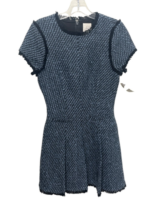 Cinq a Sept Size 0 Blue & Black Cotton Blend Tweed Fringe Trim Cap Sleeve Dress Blue & Black / 0